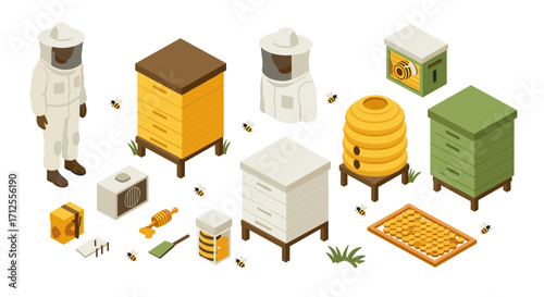 Isometric beekeeping elements with hives, honeycombs, and beekeeper figures