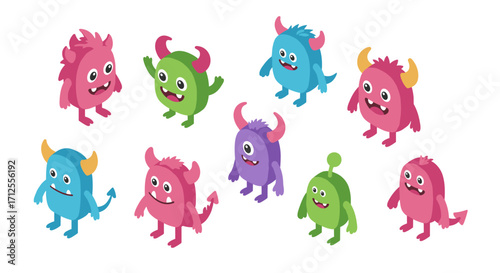 Colorful cartoon monsters with horns and tails in isometric style