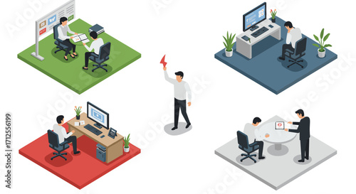 Isometric office scenes: business meetings, workstations, and team collaboration