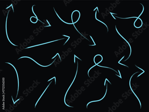 Collection of hand drawn cyan arrows pointing in different directions on black background