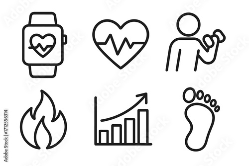 Fitness icon set. Linear icons for health app. Smartwatch, heartbeat, workout, calories burned, progress chart, steps. Vector symbols for sport, wellness, and activity tracking.