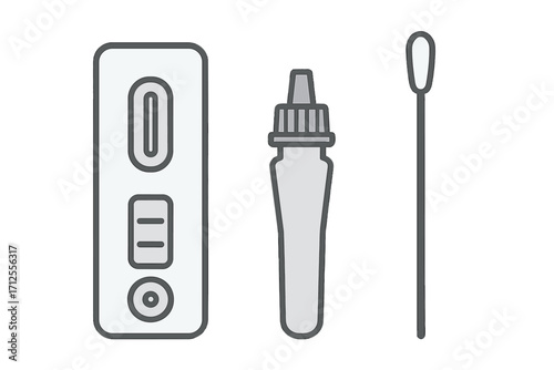 Antigen rapid test kit for Covid-19 diagnostic. Coronavirus self-test set with nasal swab stick, buffer dropper tube and test cassette. Medical screening for virus infection.