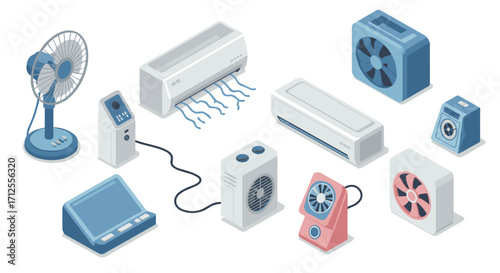 Isometric cooling devices collection: fans, air conditioners, and electric coolers