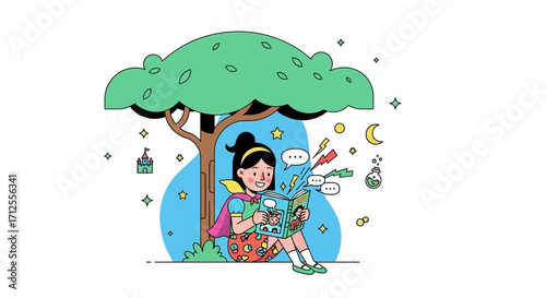Girl Reading Under Tree Emits Thoughts and Imagination into the World, Illustrated