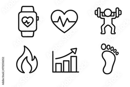 Fitness tracker and health icon set. Vector line icons for sport app. Smartwatch interface elements for workout, heart rate, steps, calories burned and progress graph.