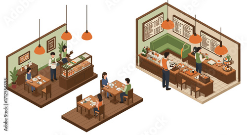 Isometric cafe scenes: cozy dining atmosphere with customers and waitstaff