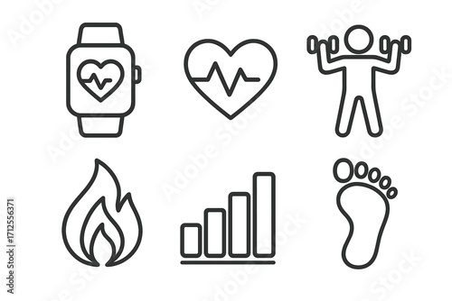 Fitness icons set. Smartwatch heart rate, workout, calories burned fire symbol, progress bar chart, steps footprint. Vector line art for health app, gym, sport.