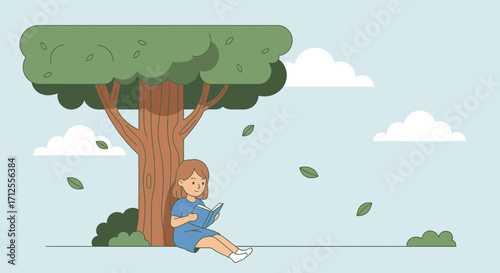 Girl Reading Under Tree in Nature: Peaceful Scene Illustration for Educational Content