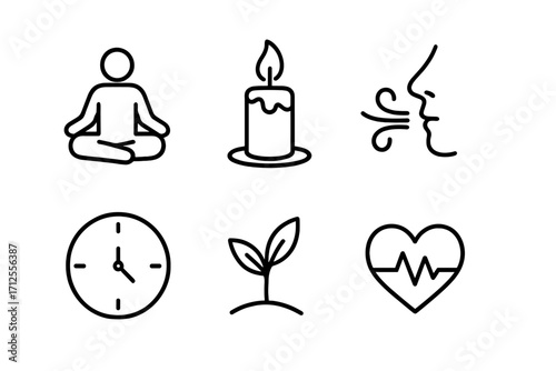 Wellness and mindfulness line icon set. Concepts of meditation, relaxation, breathing, and nature. Vector symbols for mental health, self-care, yoga, and healthy lifestyle.