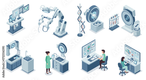 Modern medical technology in isometric style: robotics, imaging, and laboratory equipment