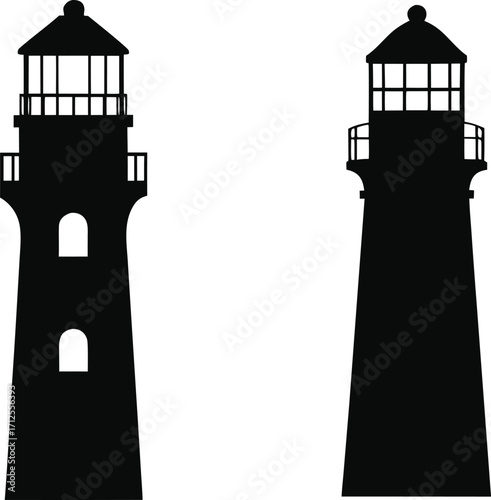 Black lighthouse silhouette isolated on transparent background. Lighthouse geometric architectural coastal landscape
