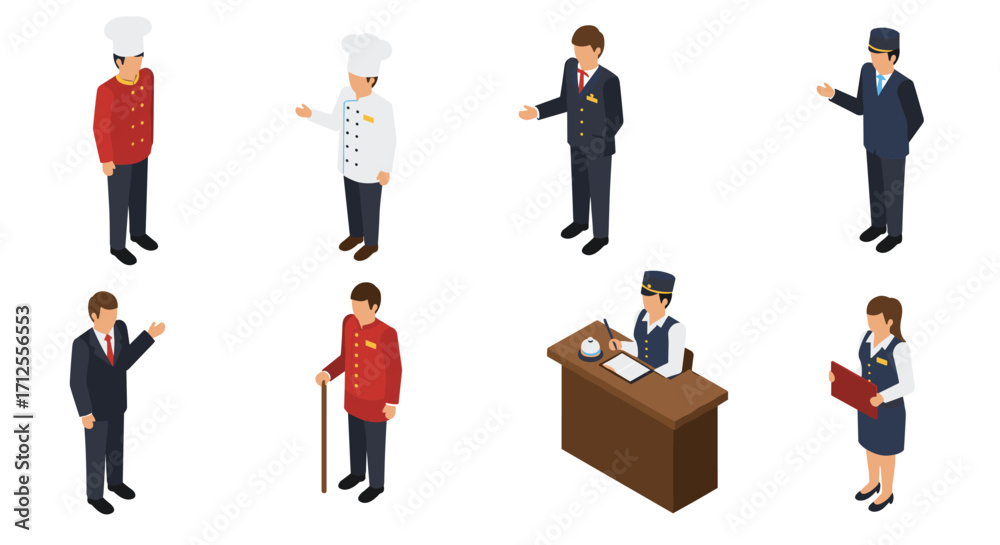 Obraz premium Isometric characters in diverse professional attire on white background