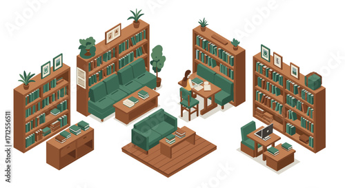 Cozy home library isometric design with bookshelves and comfortable seating