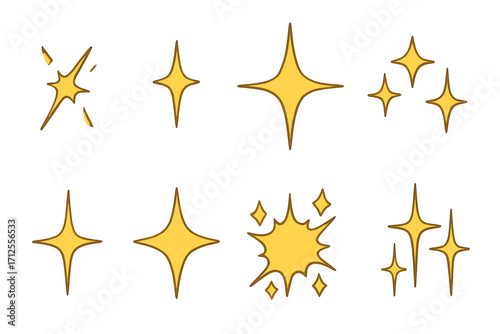 Vector icon set of golden shine sparks and star flashes. Cartoon illustration of twinkling light effects, glimmering stars, and glowing explosion bursts for a magic or clean concept.