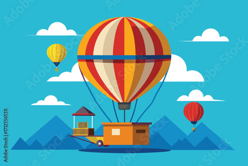 Vector art of a hot air balloon is floating in the sky with mountains and clouds in the background