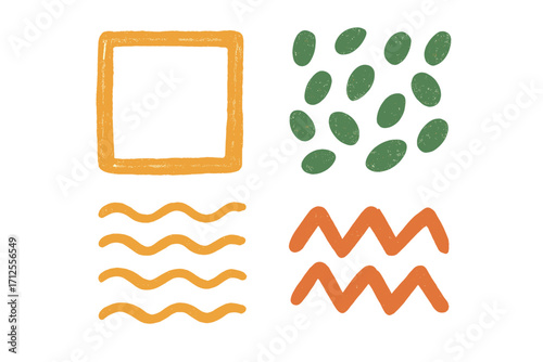 Hand drawn abstract geometric shapes set. Cute colored doodle pattern collection with rough texture. Simple irregular drawing with lines, dots, ovals, zigzag and square. Vector.
