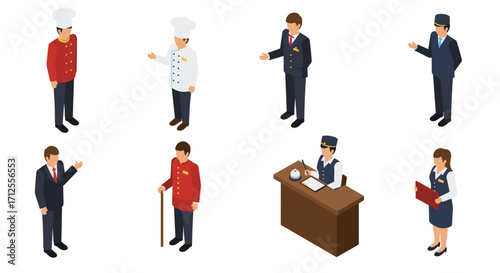 Isometric characters in diverse professional attire on white background
