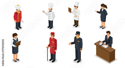 Isometric hotel staff characters in uniform: receptionist, chef, concierge, and manager