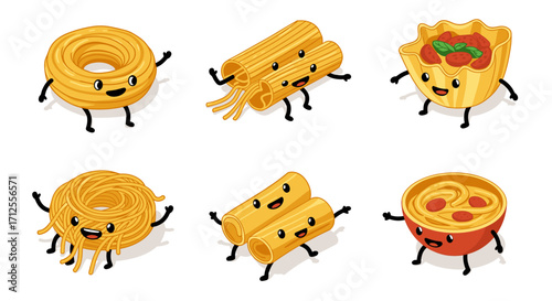 Playful cartoon pasta with happy faces and cute expressions