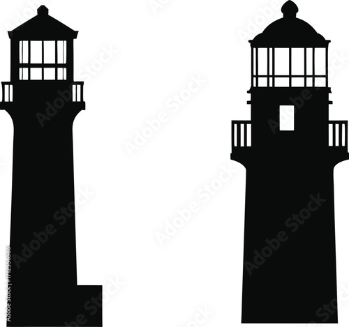 Minimalist black lighthouse silhouette icon set on transparent background. Lighthouse geometric architectural coastal landscape