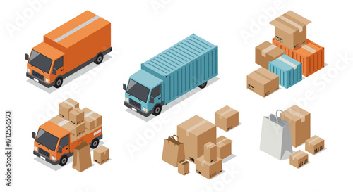 Isometric delivery trucks and boxes set for logistics and shipping