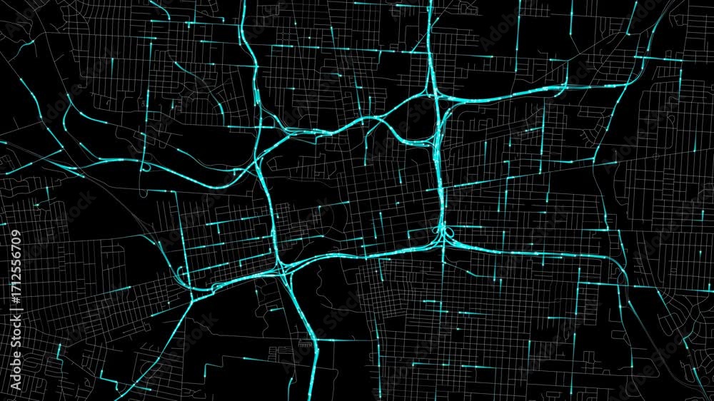 Urban Traffic Flow Map Simulation in Columbus, Ohio, GPS Smart city route Transportation