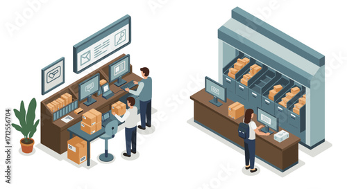 Isometric office mailroom scene with team organizing and sorting packages