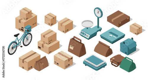 Delivery and package logistics with isometric boxes, bags, and equipment