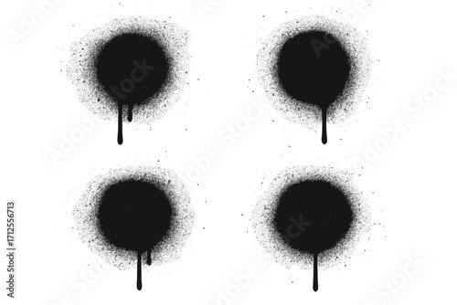 Set of spray paint dots. Black graffiti splatter with drips. Grunge art circle texture. Dirty sprayed paint element. Abstract paint texture vector illustration for design.