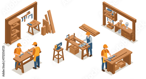 Woodworking workshop scene with carpenter tools and workers in isometric style