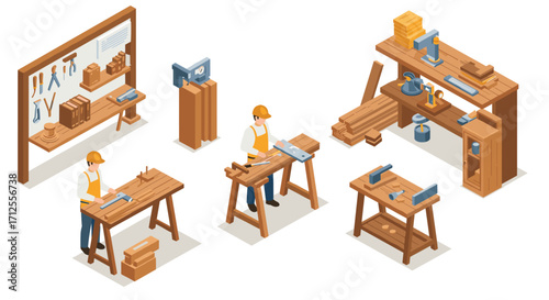 Isometric workshop: woodworking craftsmen in a detailed carpentry environment