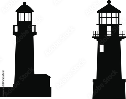 Minimalist black lighthouse silhouette icon set on transparent background. Lighthouse geometric architectural coastal landscape