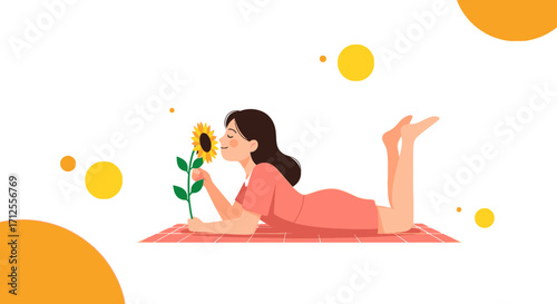 Girl Smelling a Sunflower, Relaxing on a Picnic Blanket with Sunny Abstract Art