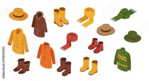 Stylish autumn fashion collection featuring isometric boots, coats, hats, and scarves in vibrant colors