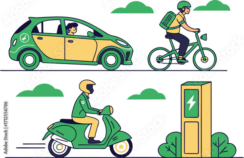 Vector art of illustration showcasing ecofriendly transportation options including electric car, bike, and scooter