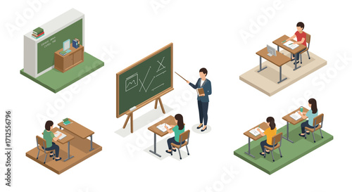 Isometric classroom scene with teacher and students in modern educational setting