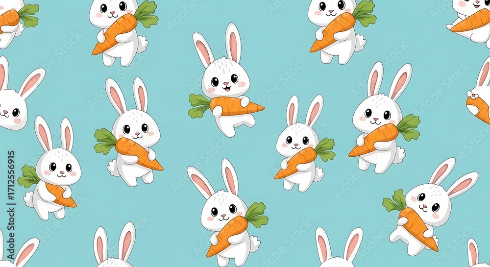 Naklejka premium Cute White Rabbits Holding Carrots Cartoon Seamless Pattern.
