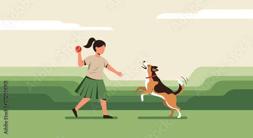 Girl Throws Ball For Dog, Playful Outdoor Moment, Friendly Canine Joyful Activity