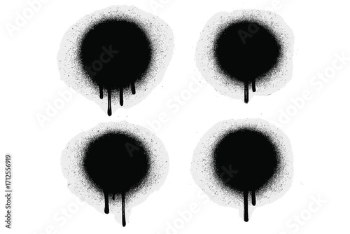 Set of black spray paint splatters. Graffiti sprayed circles with drips. Grunge art dot texture. Abstract dirty paint vector illustration. Splatter paint background element.