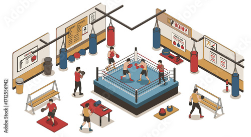 Isometric boxing gym training session with sparring and workout activities