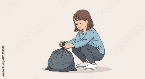 Girl Tying Up Trash Bag Symbolizing Cleaning, Responsibility, And Environment Protection