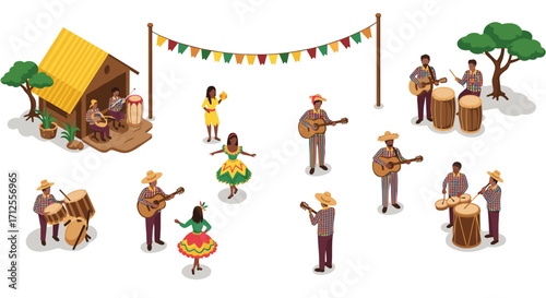Isometric traditional brazilian festa junina with musicians and dancers celebrating