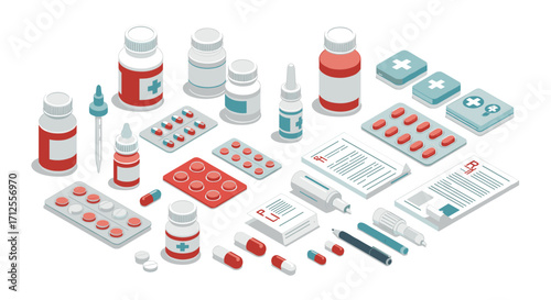 Isometric medical items: pills, bottles, and prescription papers in red and blue