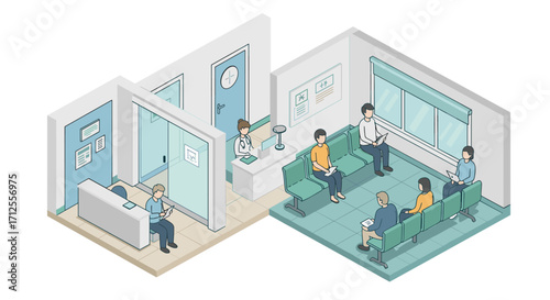 Isometric waiting room scene with patients and reception desk in modern medical center