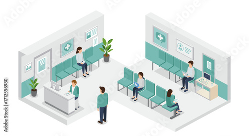 Modern isometric medical waiting room design with reception and seating area