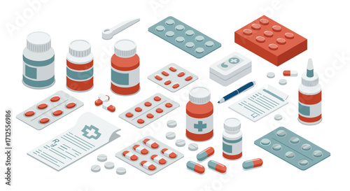 Isometric medical supplies and medications layout with pills and bottles