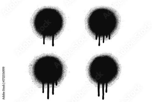 Spray paint dot and splatter circle set. Grunge graffiti art texture. Dirty sprayed paint with drips. Abstract leaking ink drop stain. Urban street art vector illustration.