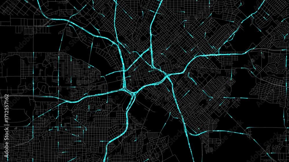 Urban Traffic Flow Map Simulation in Dallas, Texas, GPS Smart city route Transportation