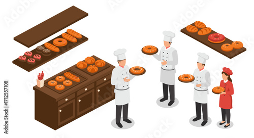 Isometric bakery scene with chefs and assorted pastries