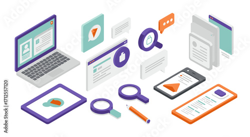 Interactive digital communication and social media concepts in isometric design